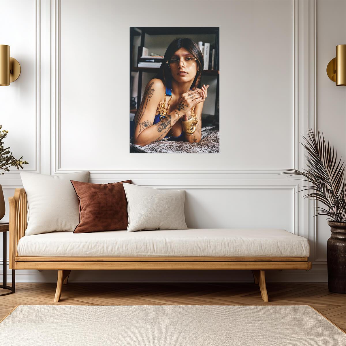 Mia Khalifa Blue Dress & Gold Jewelry | Lying Down Portrait | Celebrity Wall Art Poster - Celebrities Poster