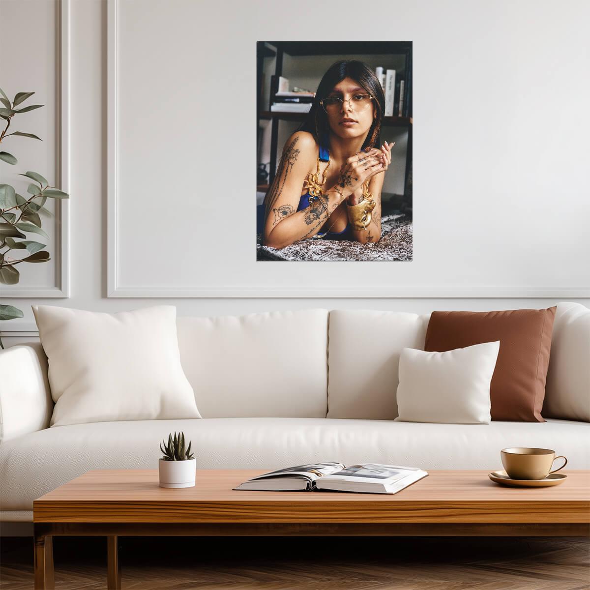 Mia Khalifa Blue Dress & Gold Jewelry | Lying Down Portrait | Celebrity Wall Art Poster - Celebrities Poster