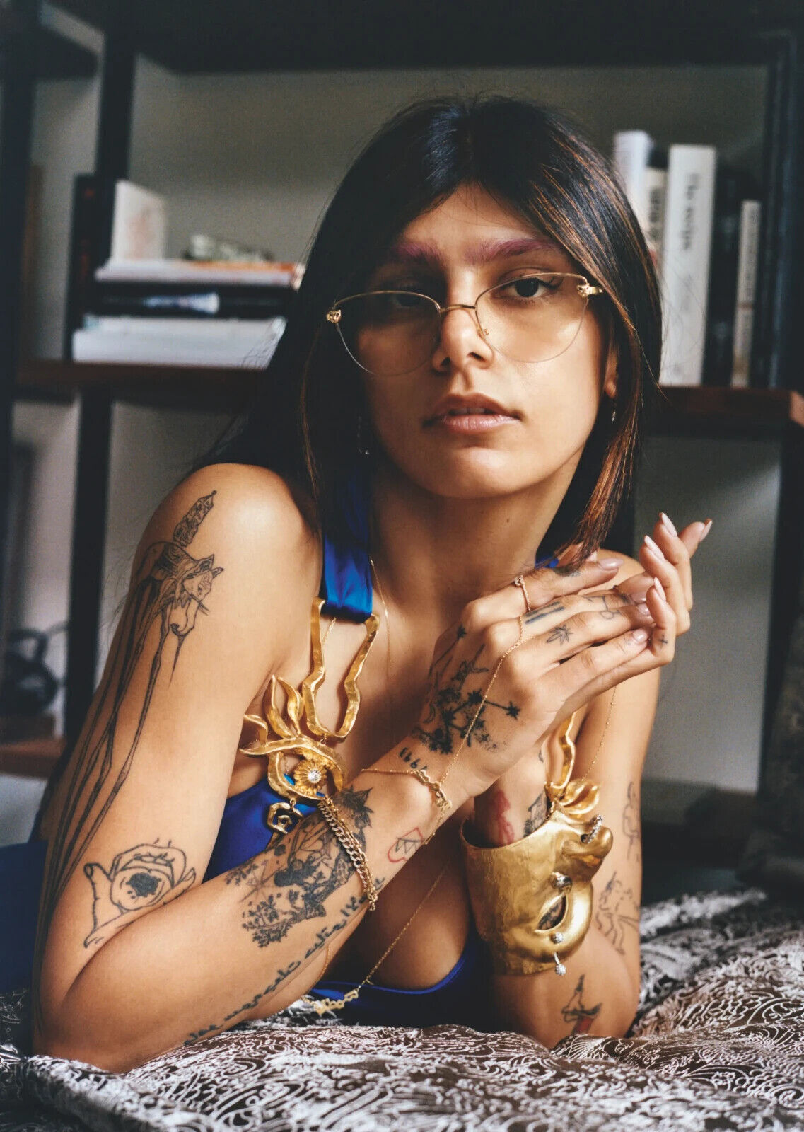 Mia Khalifa Blue Dress & Gold Jewelry | Lying Down Portrait | Celebrity Wall Art Poster - Celebrities Poster