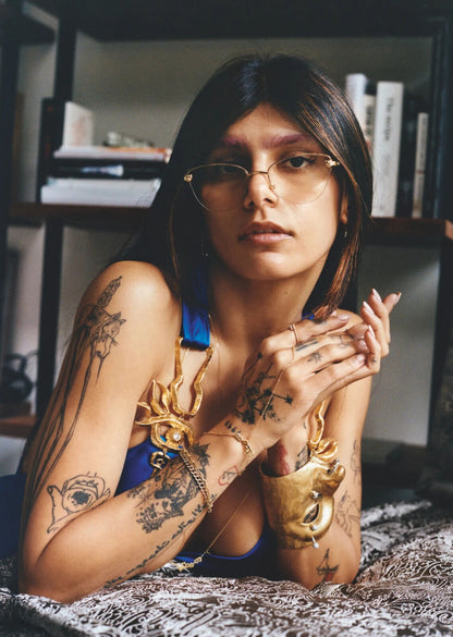 Mia Khalifa Blue Dress & Gold Jewelry | Lying Down Portrait | Celebrity Wall Art Poster - Celebrities Poster