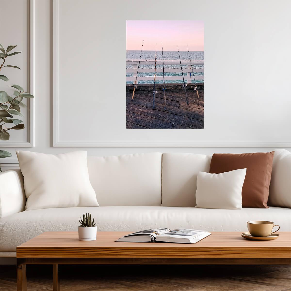 Sunset Fishing Rods on Dock | Coastal Photography Poster | Peaceful Seascape Art - Photography Poster