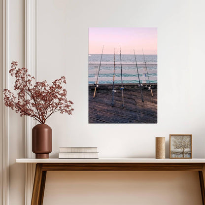 Sunset Fishing Rods on Dock | Coastal Photography Poster | Peaceful Seascape Art - Photography Poster