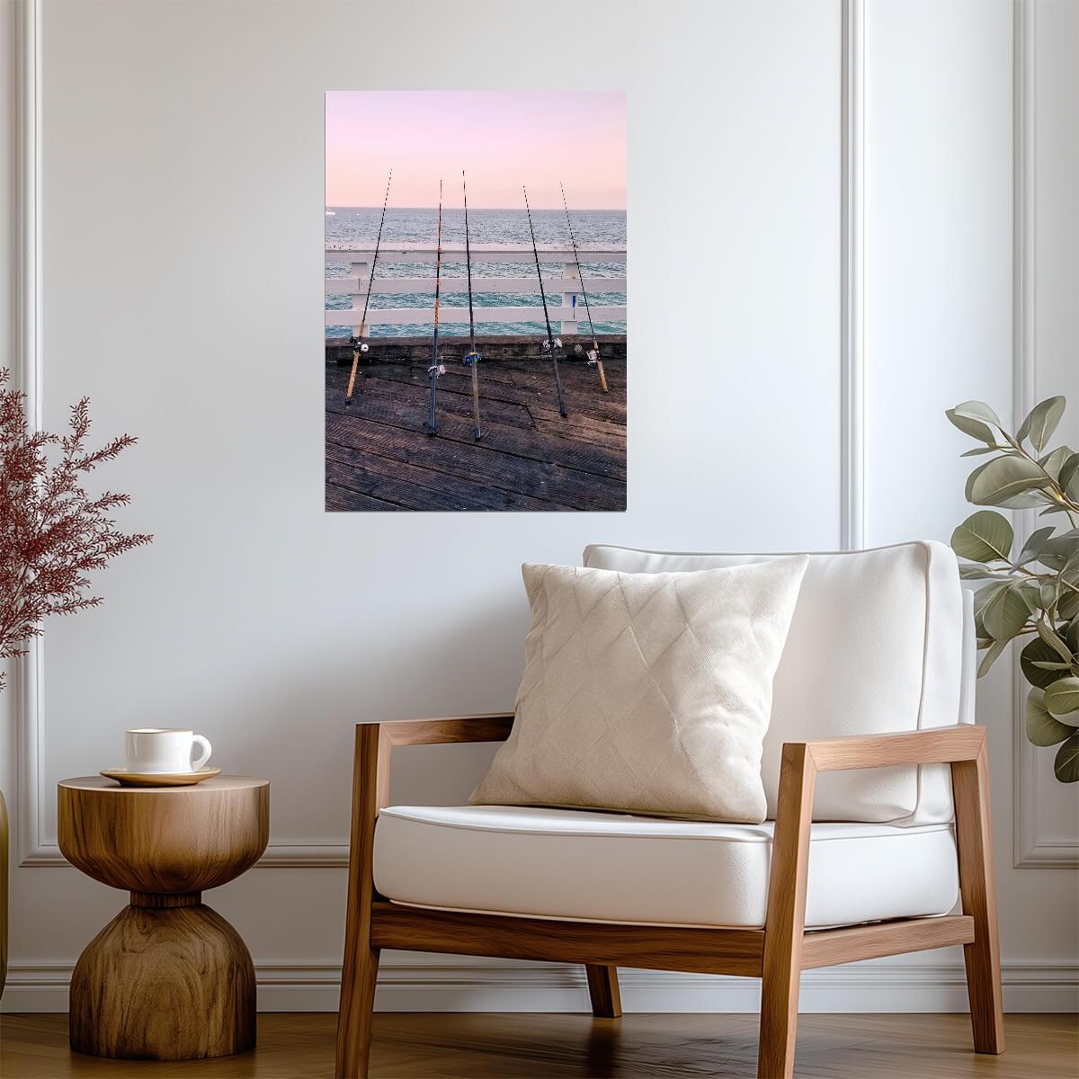 Sunset Fishing Rods on Dock | Coastal Photography Poster | Peaceful Seascape Art - Photography Poster
