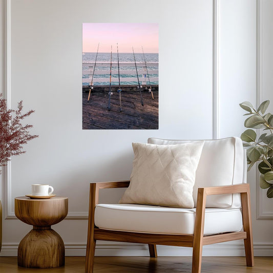 Sunset Fishing Rods on Dock | Coastal Photography Poster | Peaceful Seascape Art - Photography Poster