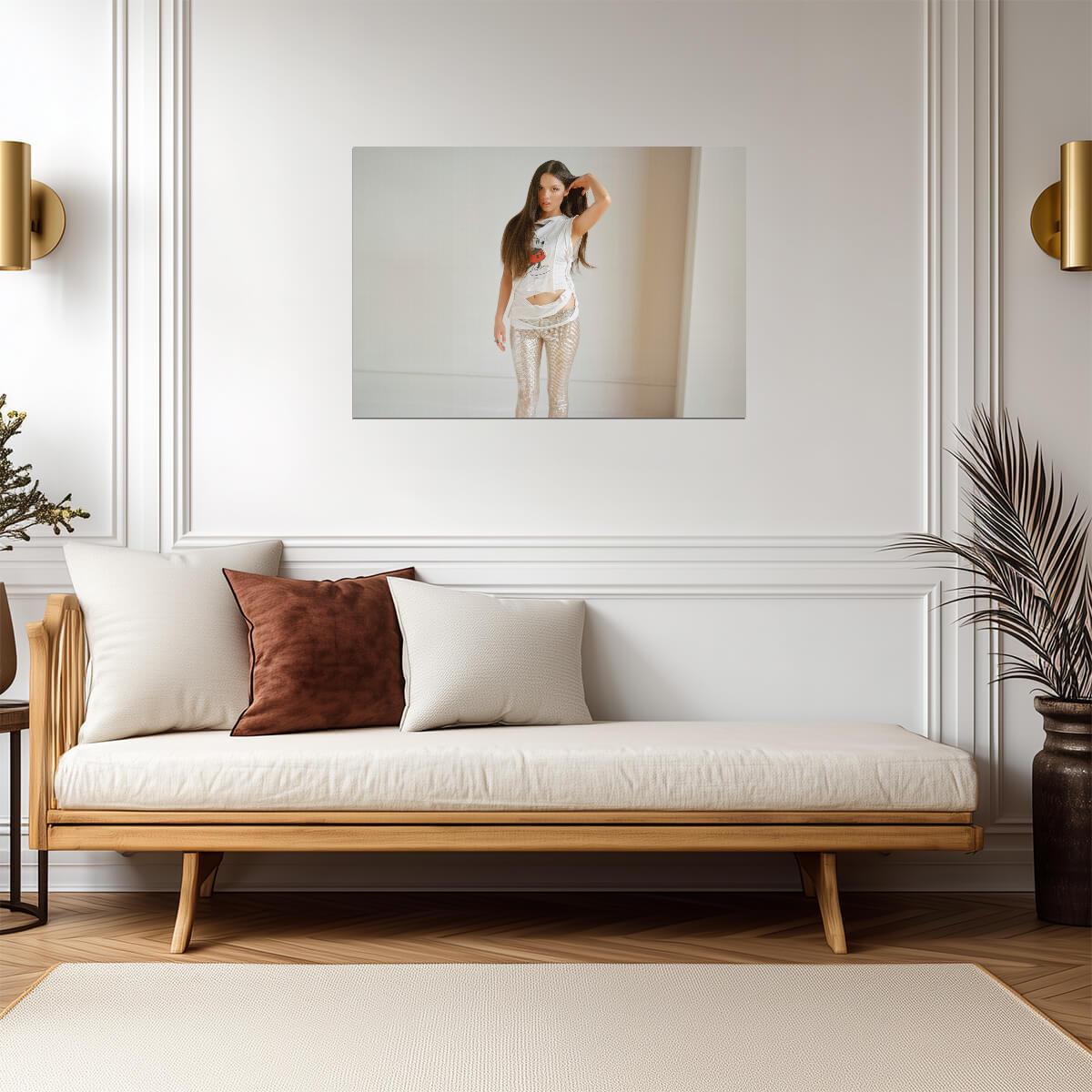 Olivia Rodrigo White Ripped Tee | Silver Pants Studio Photo | Pop Singer Poster - Music Poster