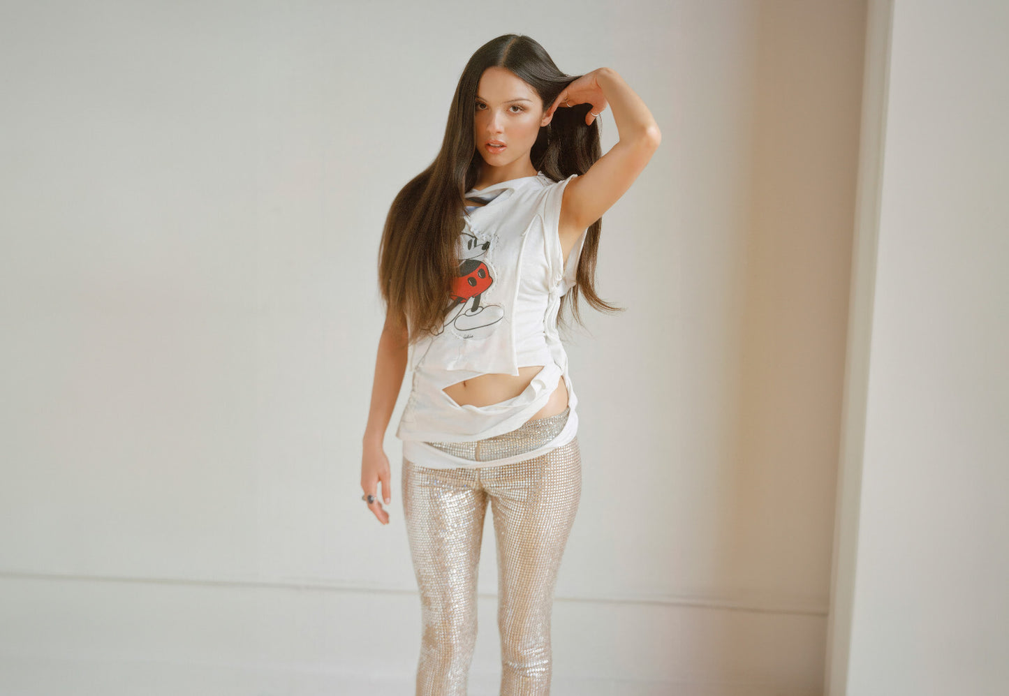 Olivia Rodrigo White Ripped Tee | Silver Pants Studio Photo | Pop Singer Poster - Music Poster