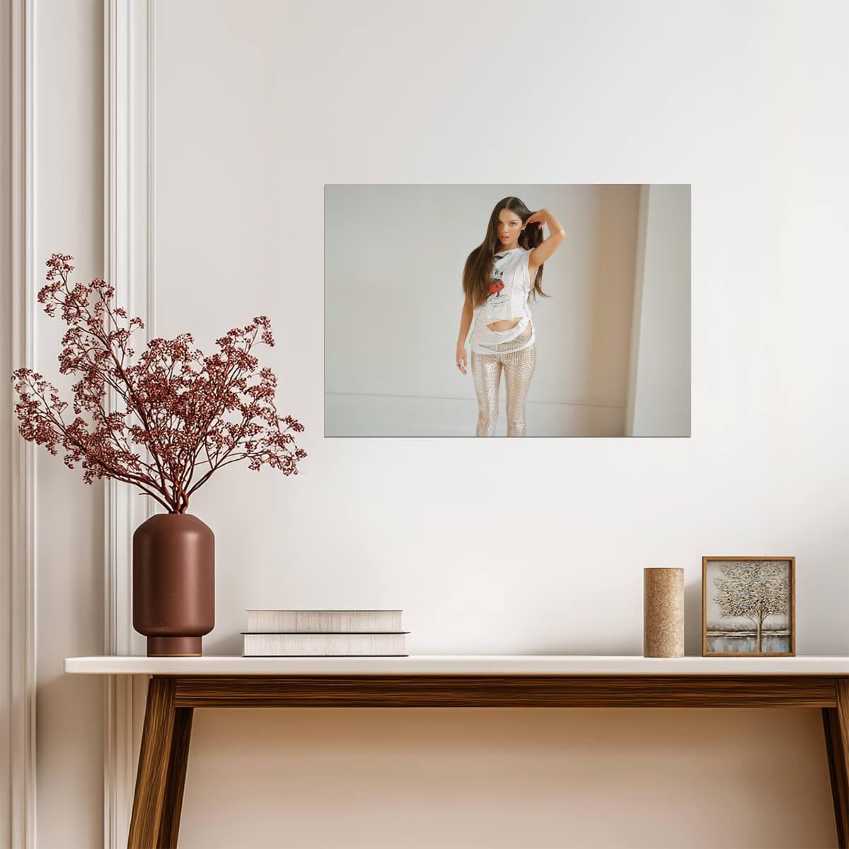 Olivia Rodrigo White Ripped Tee | Silver Pants Studio Photo | Pop Singer Poster - Music Poster