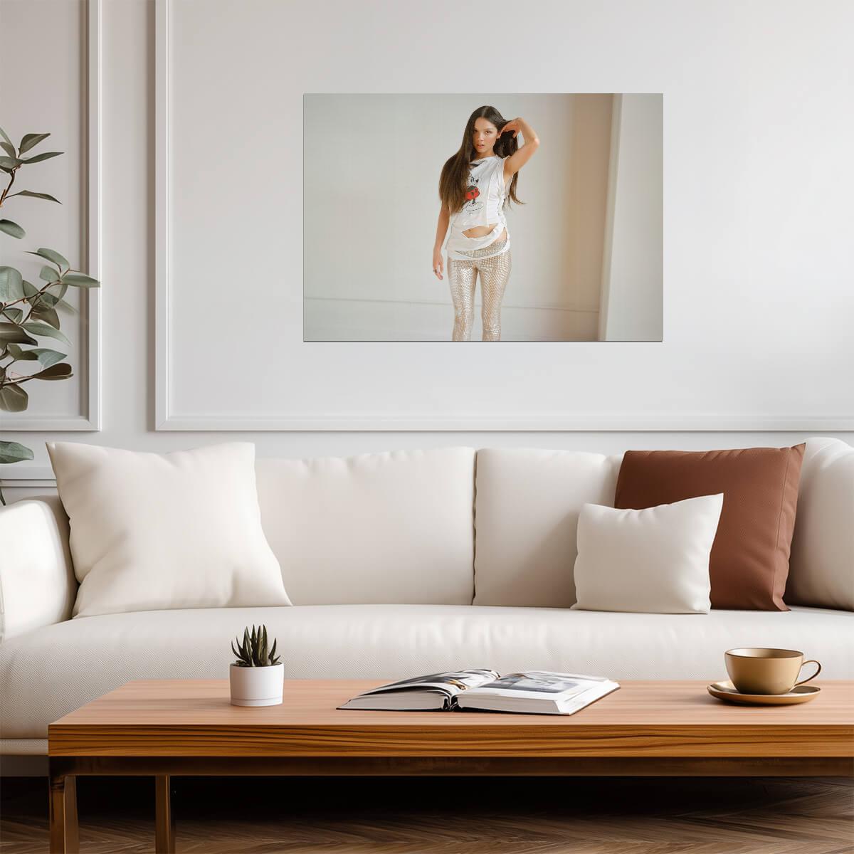 Olivia Rodrigo White Ripped Tee | Silver Pants Studio Photo | Pop Singer Poster - Music Poster