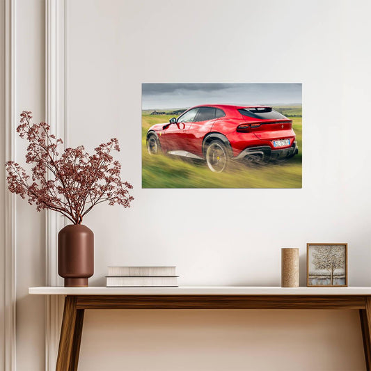 Ferrari Purosangue in Motion | Red Italian Super SUV Poster | V12 Crossover Driving Art - Cars Poster