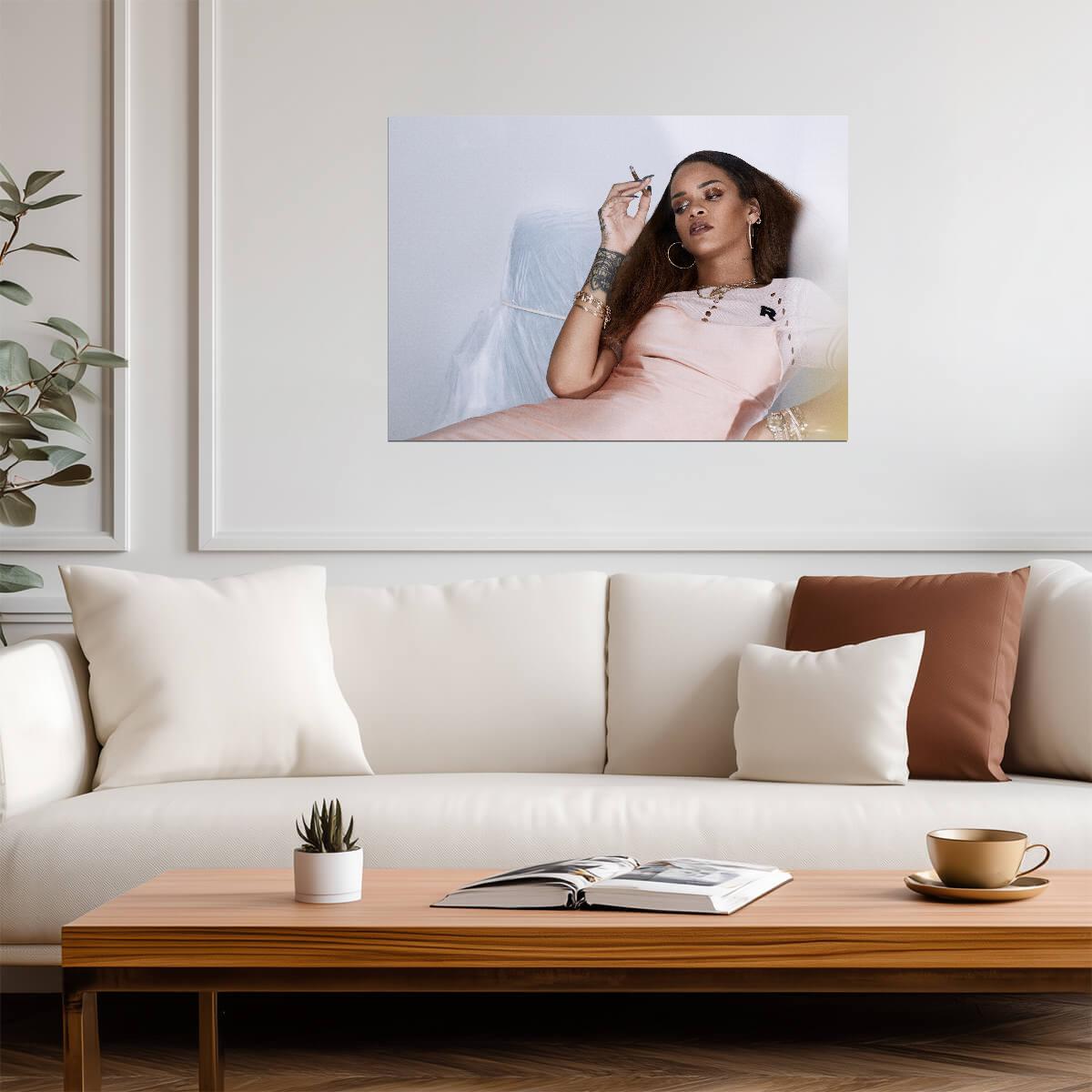 Rihanna Smoking in Pink Slip Dress | Photoshoot Poster | Celebrity Wall Art - Music Poster