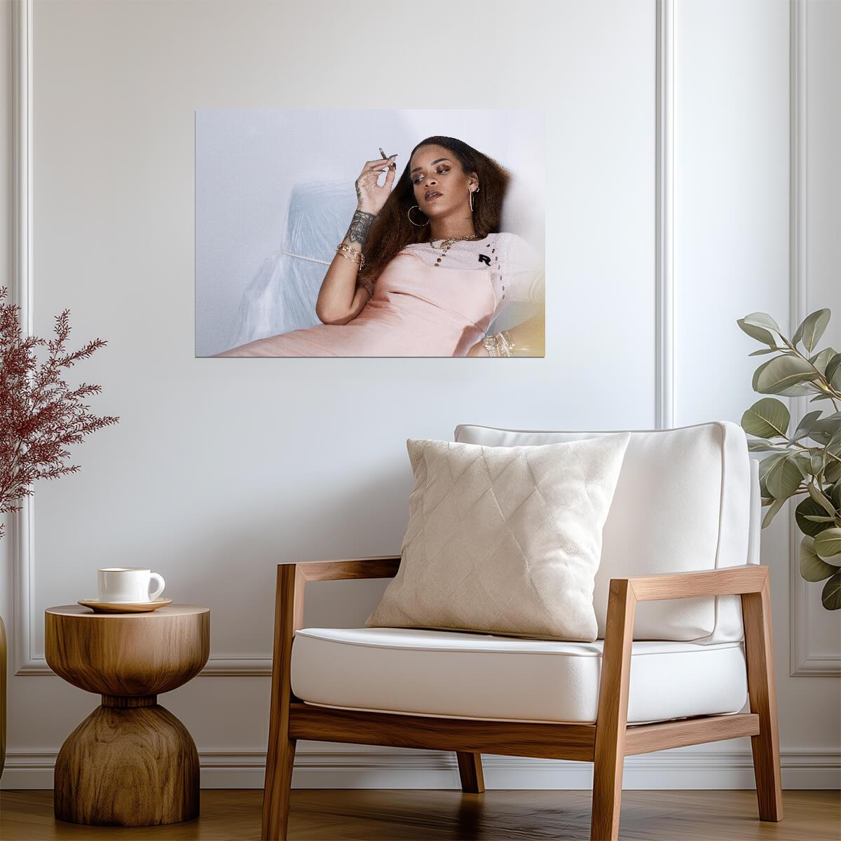Rihanna Smoking in Pink Slip Dress | Photoshoot Poster | Celebrity Wall Art - Music Poster