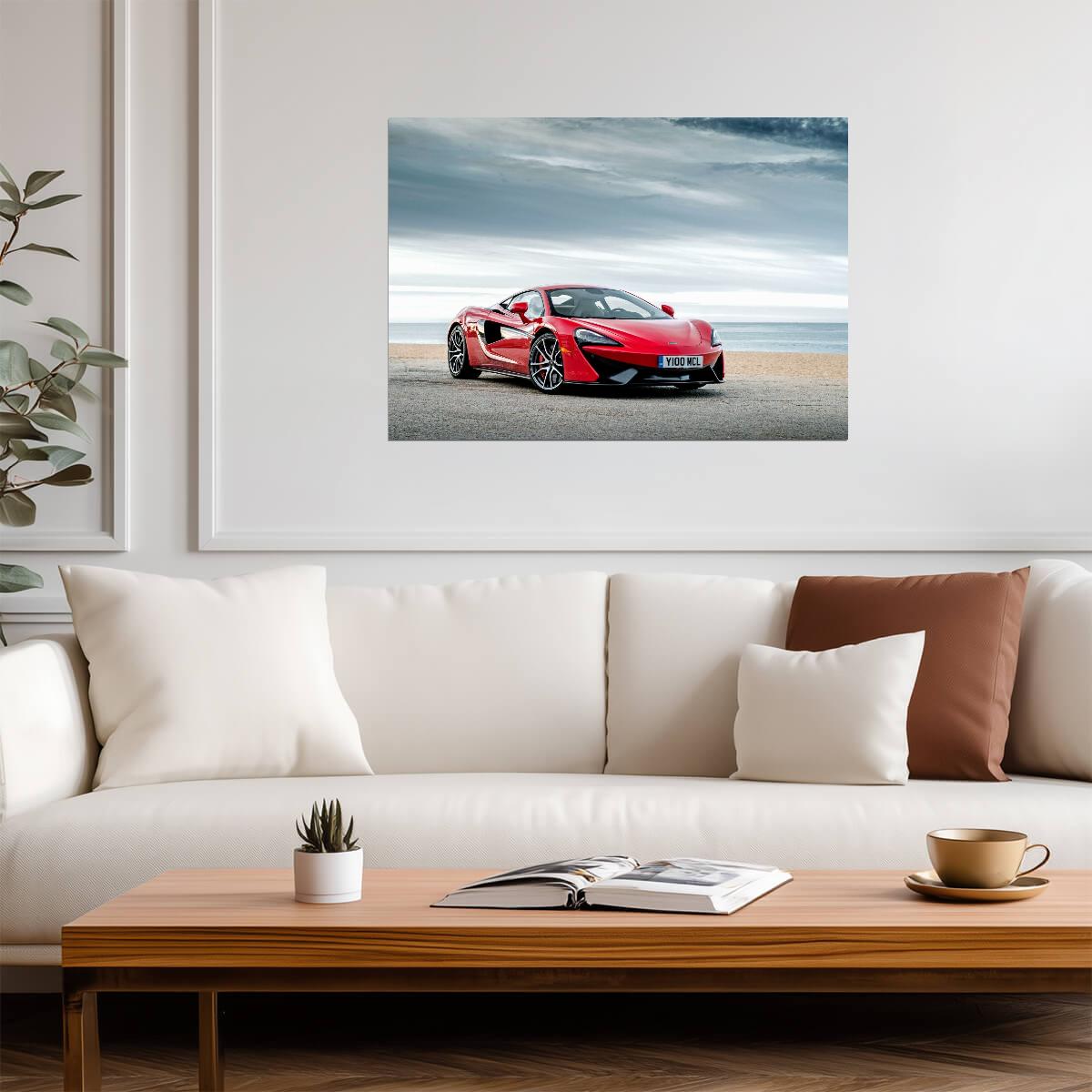 McLaren 570S | Red British Supercar Poster | Sports Car on Coastal Beach Road - Cars Poster