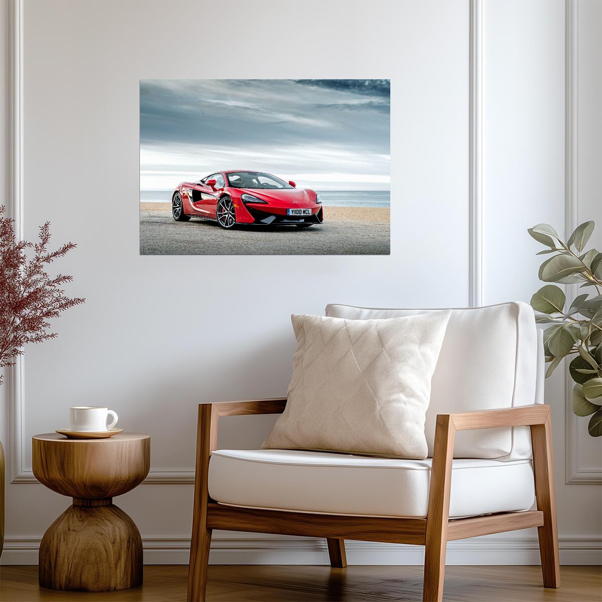 McLaren 570S | Red British Supercar Poster | Sports Car on Coastal Beach Road - Cars Poster