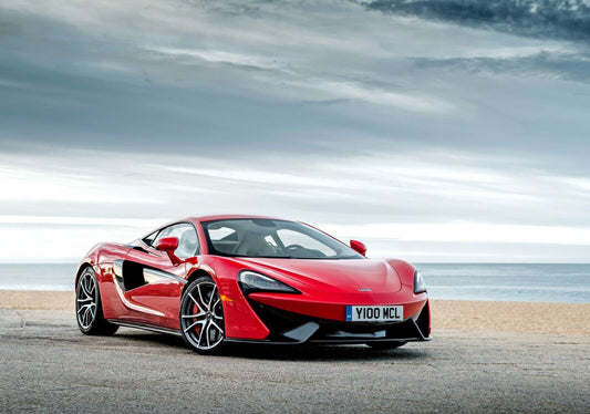 McLaren 570S | Red British Supercar Poster | Sports Car on Coastal Beach Road - Cars Poster