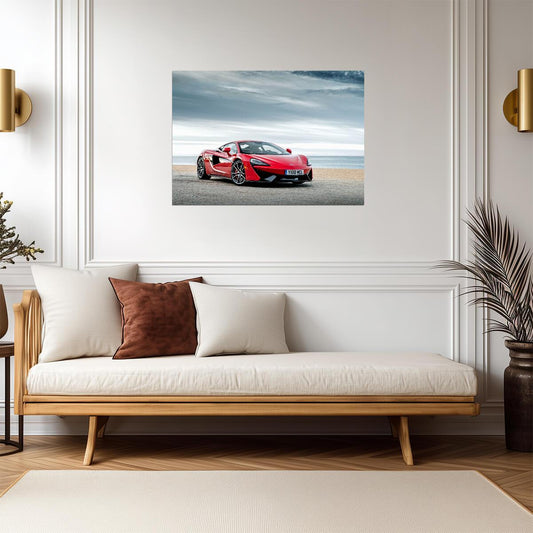McLaren 570S | Red British Supercar Poster | Sports Car on Coastal Beach Road - Cars Poster