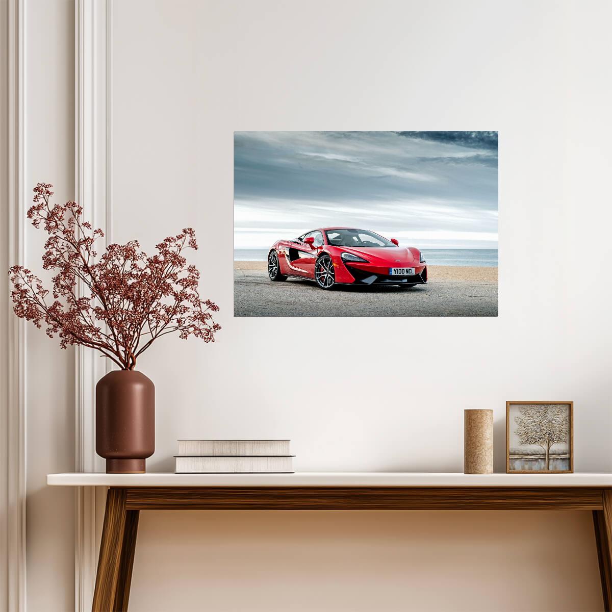 McLaren 570S | Red British Supercar Poster | Sports Car on Coastal Beach Road - Cars Poster