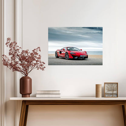 McLaren 570S | Red British Supercar Poster | Sports Car on Coastal Beach Road - Cars Poster