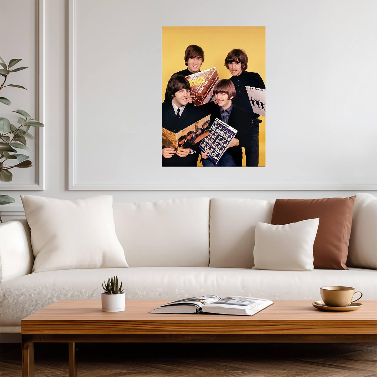 The Beatles with Their First Albums | Vintage 1960s Rock Poster | Music History Print - Music Poster