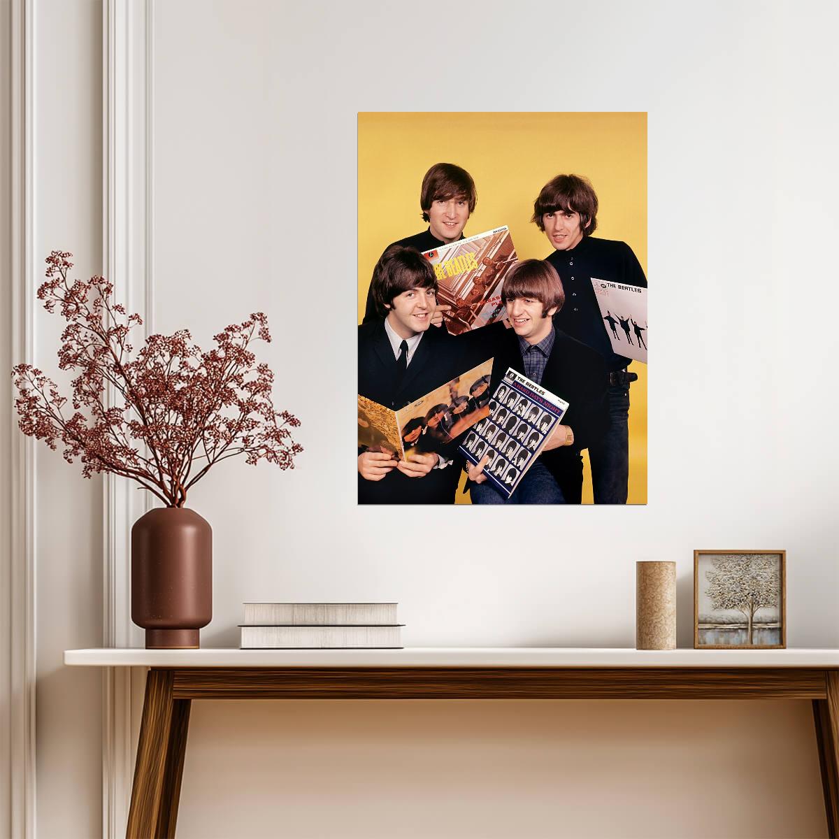 The Beatles with Their First Albums | Vintage 1960s Rock Poster | Music History Print - Music Poster