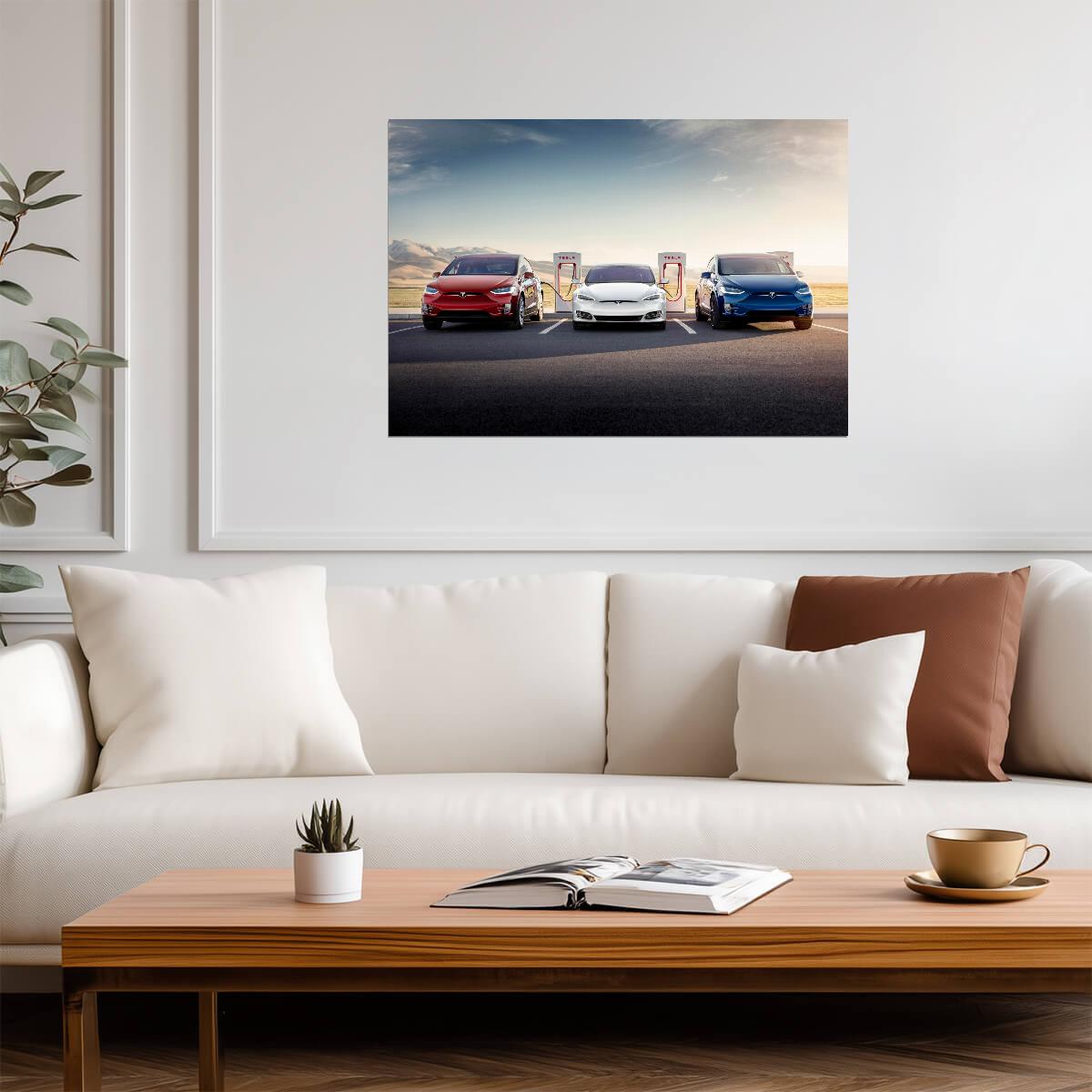 Tesla Model S & Model X Lineup | Electric Cars at Supercharger Station | EV Future Poster - Cars Poster
