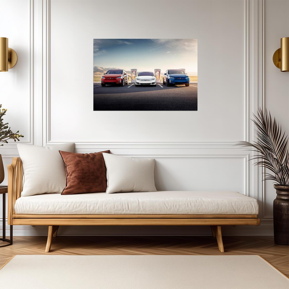 Tesla Model S & Model X Lineup | Electric Cars at Supercharger Station | EV Future Poster - Cars Poster