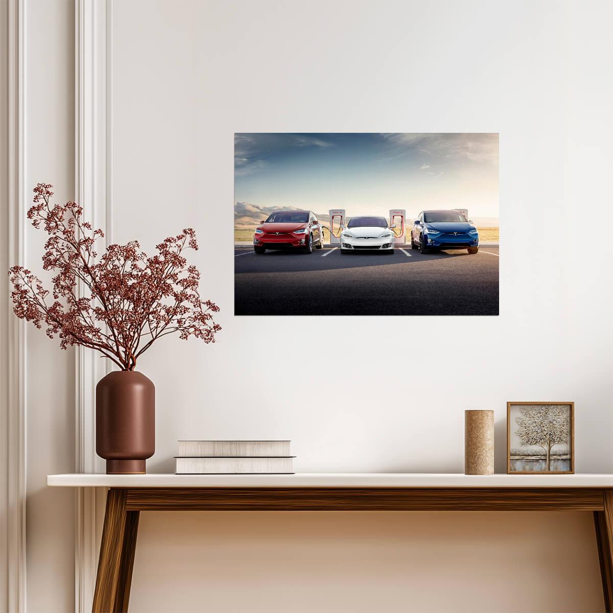 Tesla Model S & Model X Lineup | Electric Cars at Supercharger Station | EV Future Poster - Cars Poster