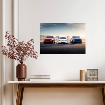 Tesla Model S & Model X Lineup | Electric Cars at Supercharger Station | EV Future Poster - Cars Poster
