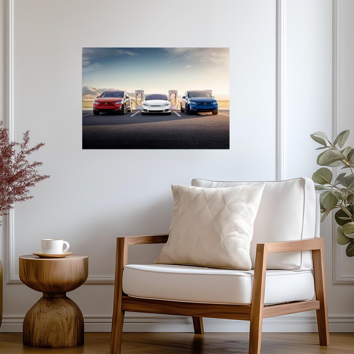 Tesla Model S & Model X Lineup | Electric Cars at Supercharger Station | EV Future Poster - Cars Poster