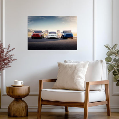 Tesla Model S & Model X Lineup | Electric Cars at Supercharger Station | EV Future Poster - Cars Poster