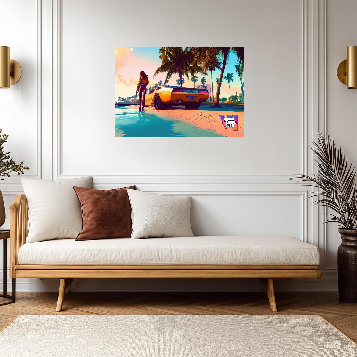 Grand Theft Auto VI Fan Art Woman on Beach | Vice City Style Poster | AI Generated Game Decor - Video Games Poster