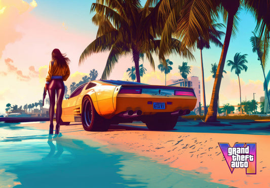 Grand Theft Auto VI Fan Art Woman on Beach | Vice City Style Poster | AI Generated Game Decor - Video Games Poster