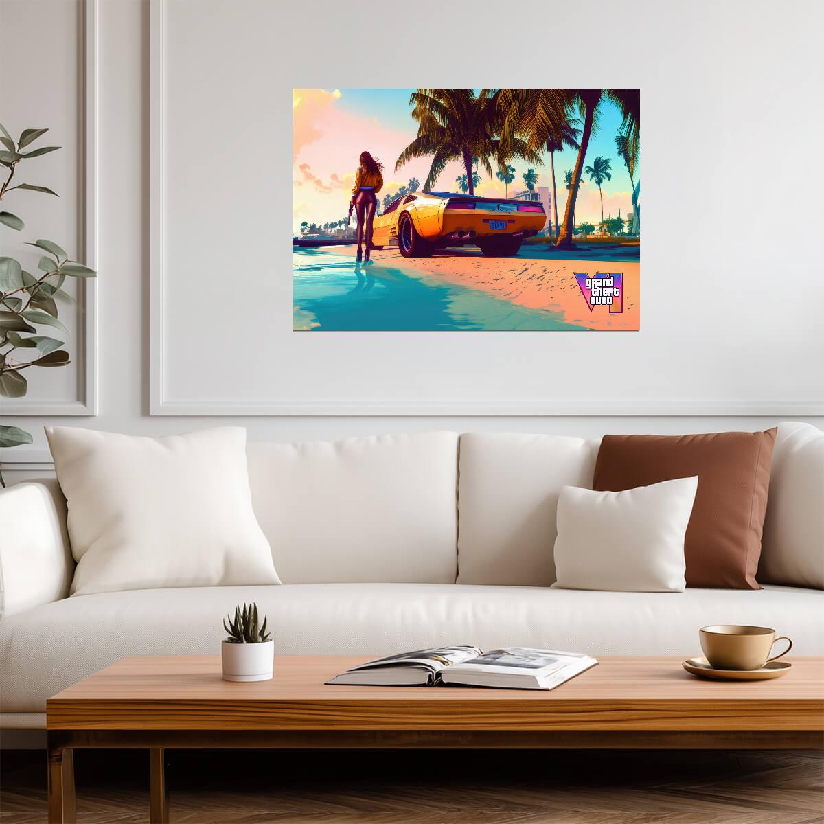 Grand Theft Auto VI Fan Art Woman on Beach | Vice City Style Poster | AI Generated Game Decor - Video Games Poster