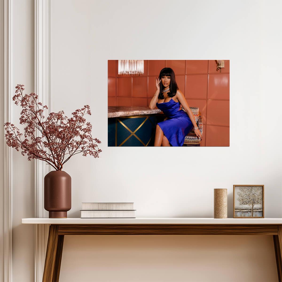 Saweetie in Blue Satin Dress | Glamorous Photoshoot Poster | Modern Female Rapper Art - Music Poster
