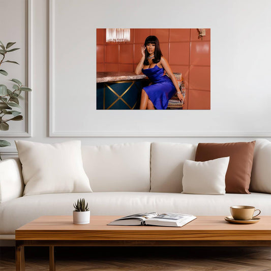 Saweetie in Blue Satin Dress | Glamorous Photoshoot Poster | Modern Female Rapper Art - Music Poster