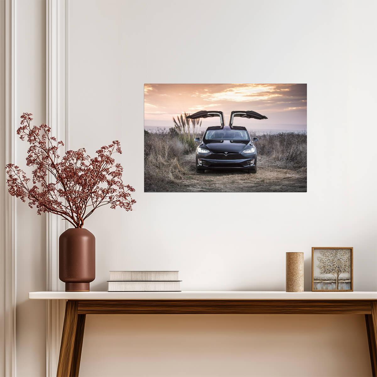 Tesla Model X with Falcon Wings Up | Black Electric SUV Poster | Sunset Scenery Photography - Cars Poster