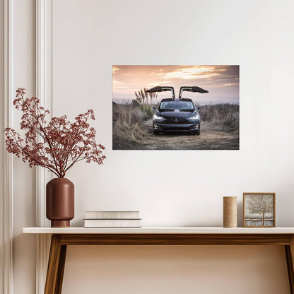 Tesla Model X with Falcon Wings Up | Black Electric SUV Poster | Sunset Scenery Photography - Cars Poster