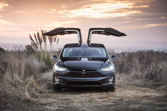 Tesla Model X with Falcon Wings Up | Black Electric SUV Poster | Sunset Scenery Photography - Cars Poster
