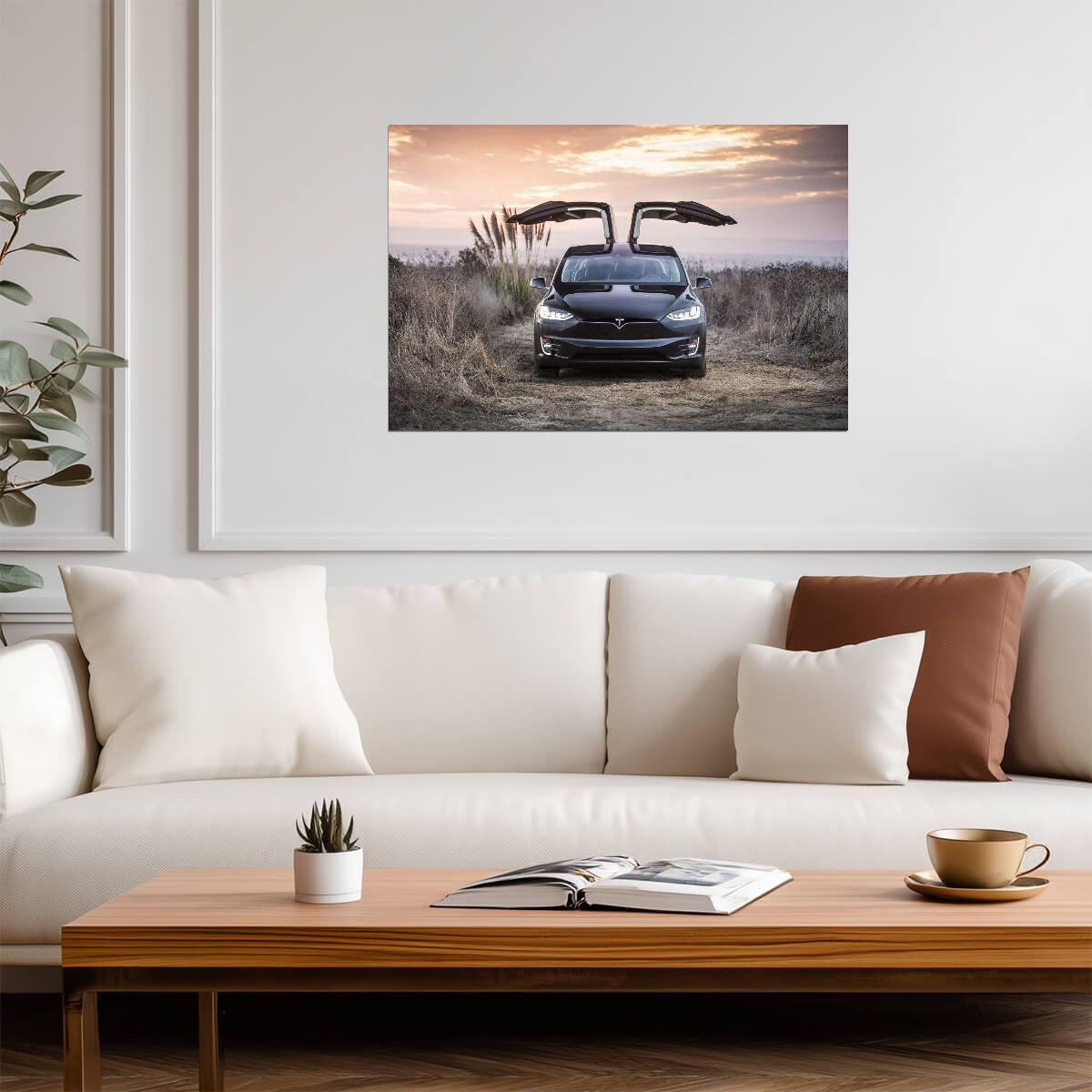 Tesla Model X with Falcon Wings Up | Black Electric SUV Poster | Sunset Scenery Photography - Cars Poster