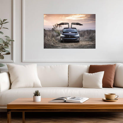 Tesla Model X with Falcon Wings Up | Black Electric SUV Poster | Sunset Scenery Photography - Cars Poster