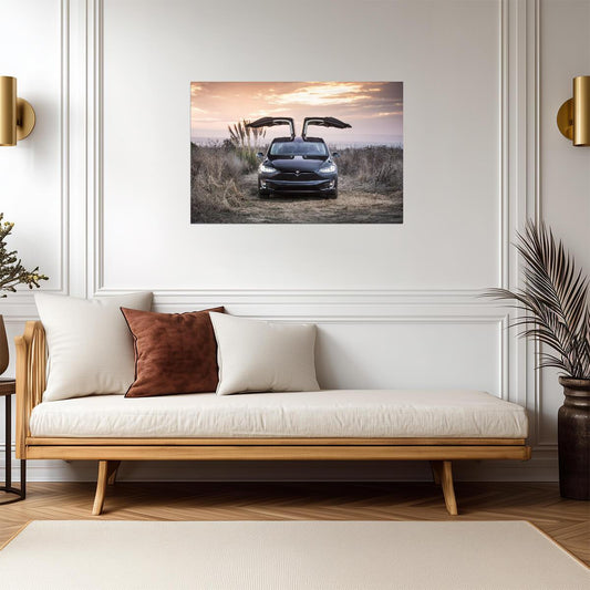 Tesla Model X with Falcon Wings Up | Black Electric SUV Poster | Sunset Scenery Photography - Cars Poster