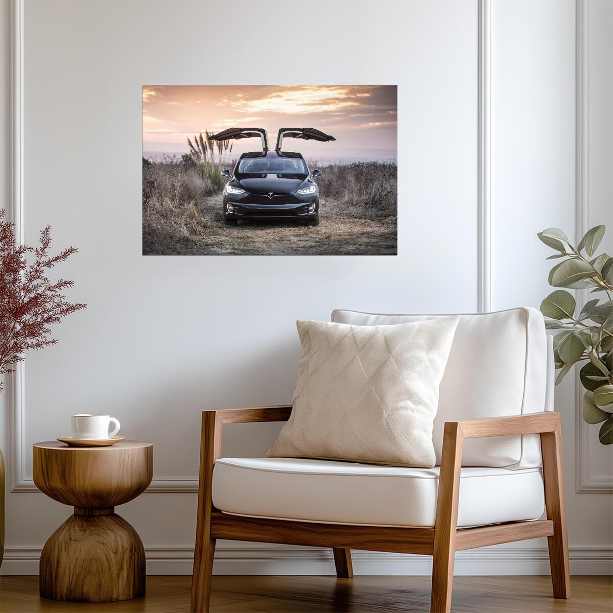 Tesla Model X with Falcon Wings Up | Black Electric SUV Poster | Sunset Scenery Photography - Cars Poster