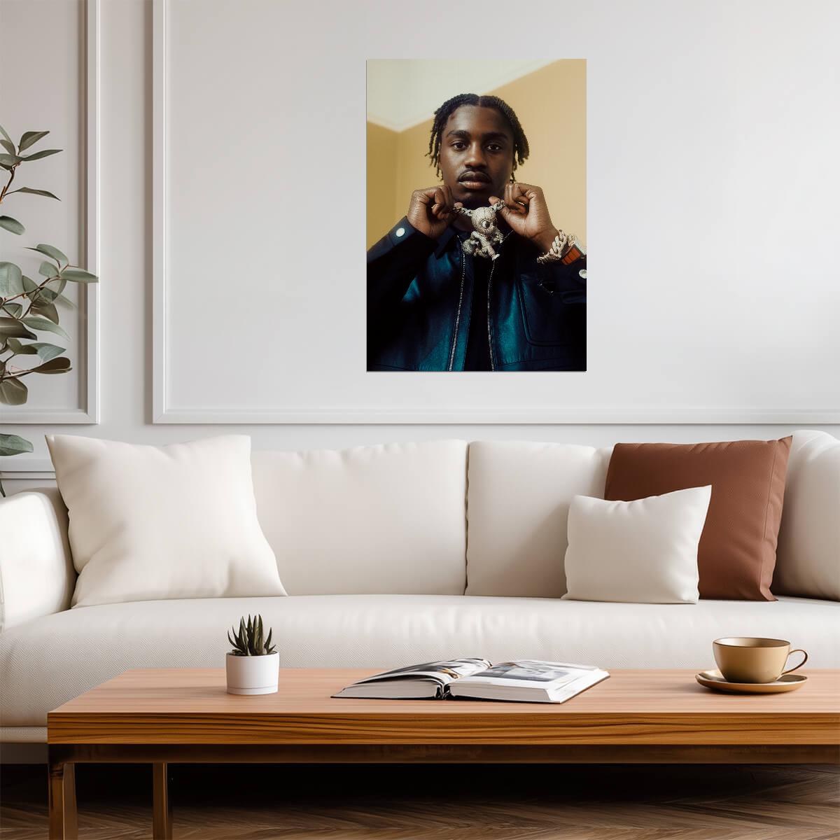 Lil Tjay Showing Off Pendant | Hip Hop Artist Poster | Modern Rapper Bling Decor - Music Poster