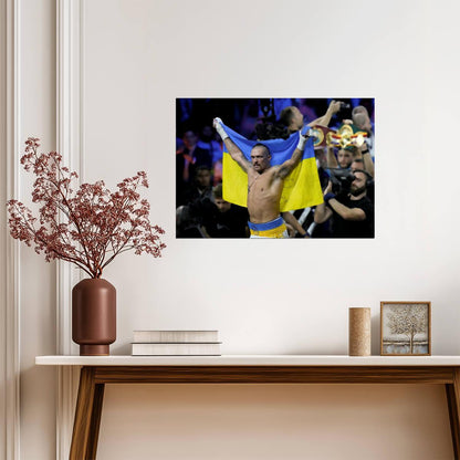 Oleksandr Usyk with Ukraine Flag | Boxing Champion Poster | Sports Victory Art - Sports Poster