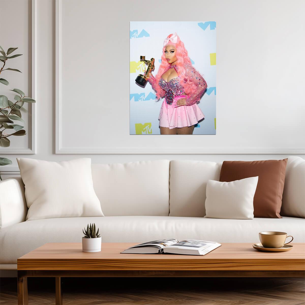Nicki Minaj Holding VMA Award | Pink Outfit Poster | Hip Hop Star Wall Art - Music Poster