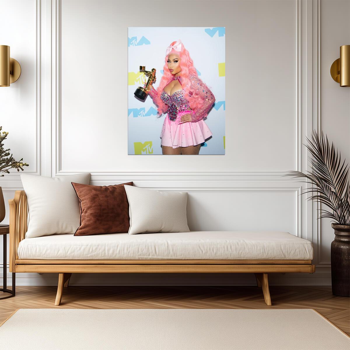 Nicki Minaj Holding VMA Award | Pink Outfit Poster | Hip Hop Star Wall Art - Music Poster