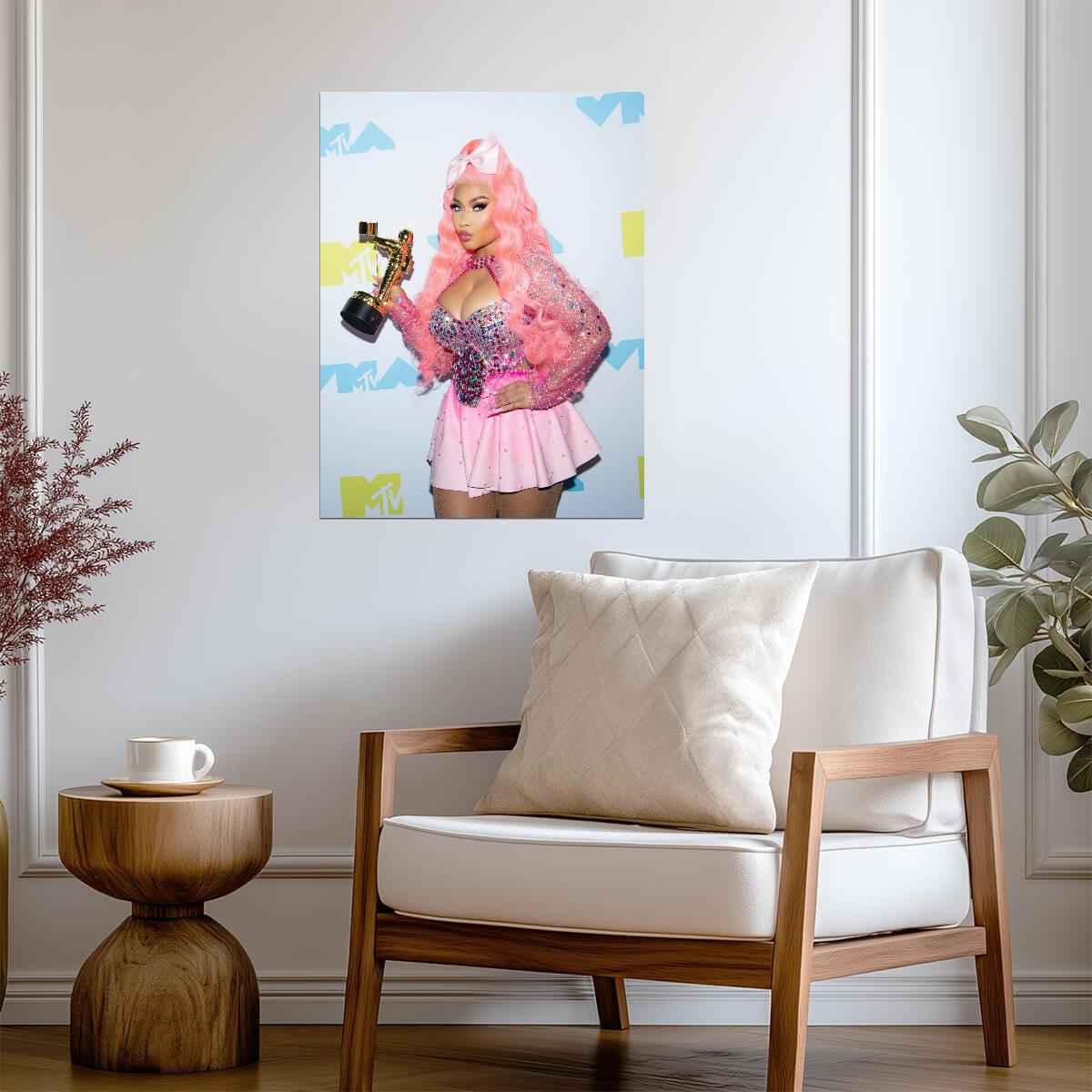 Nicki Minaj Holding VMA Award | Pink Outfit Poster | Hip Hop Star Wall Art - Music Poster