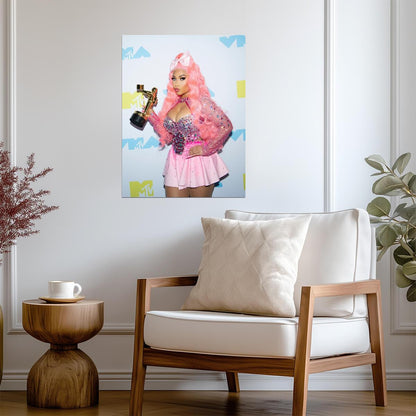 Nicki Minaj Holding VMA Award | Pink Outfit Poster | Hip Hop Star Wall Art - Music Poster