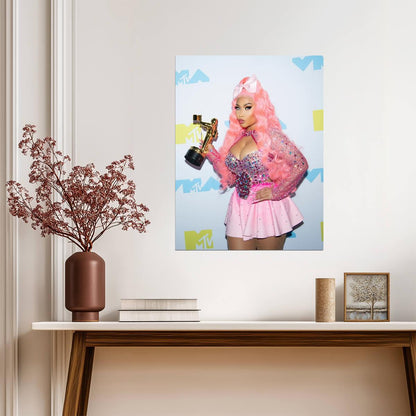 Nicki Minaj Holding VMA Award | Pink Outfit Poster | Hip Hop Star Wall Art - Music Poster