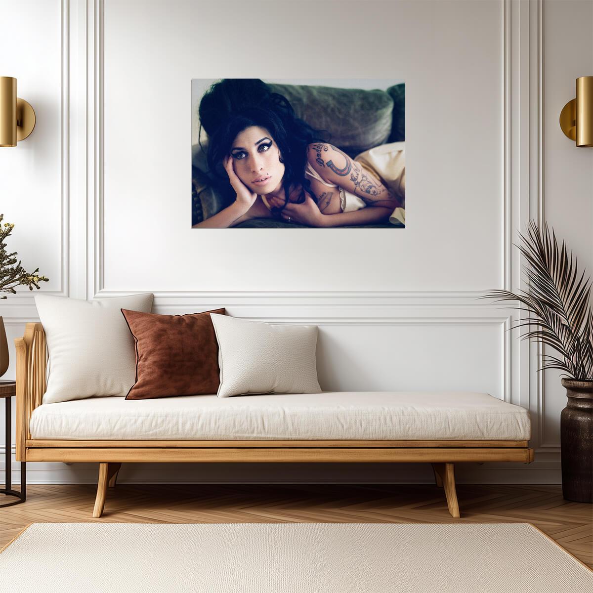 Amy Winehouse Lying on Couch | Tattoo Portrait Poster | Vintage Music Legend Art - Music Poster