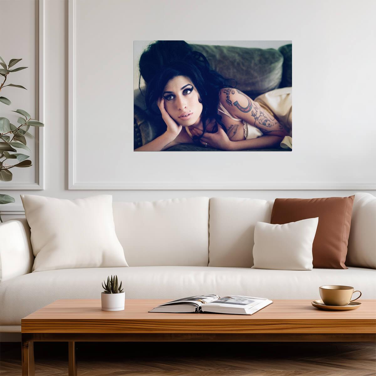 Amy Winehouse Lying on Couch | Tattoo Portrait Poster | Vintage Music Legend Art - Music Poster